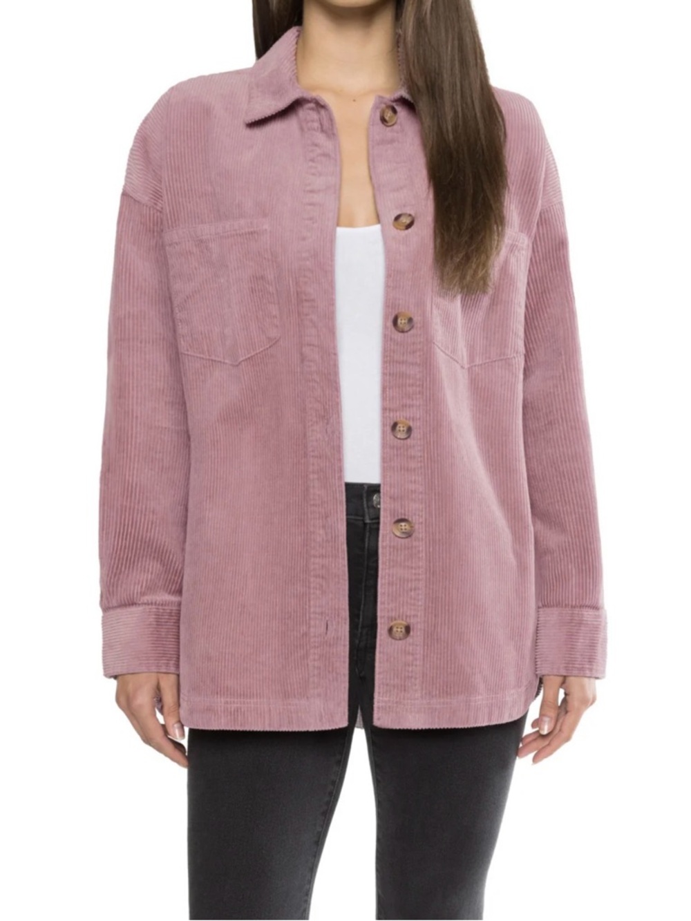 Matty M Corduroy Button-Down Shirt Shirt Jacket in Dusty Rose Size L